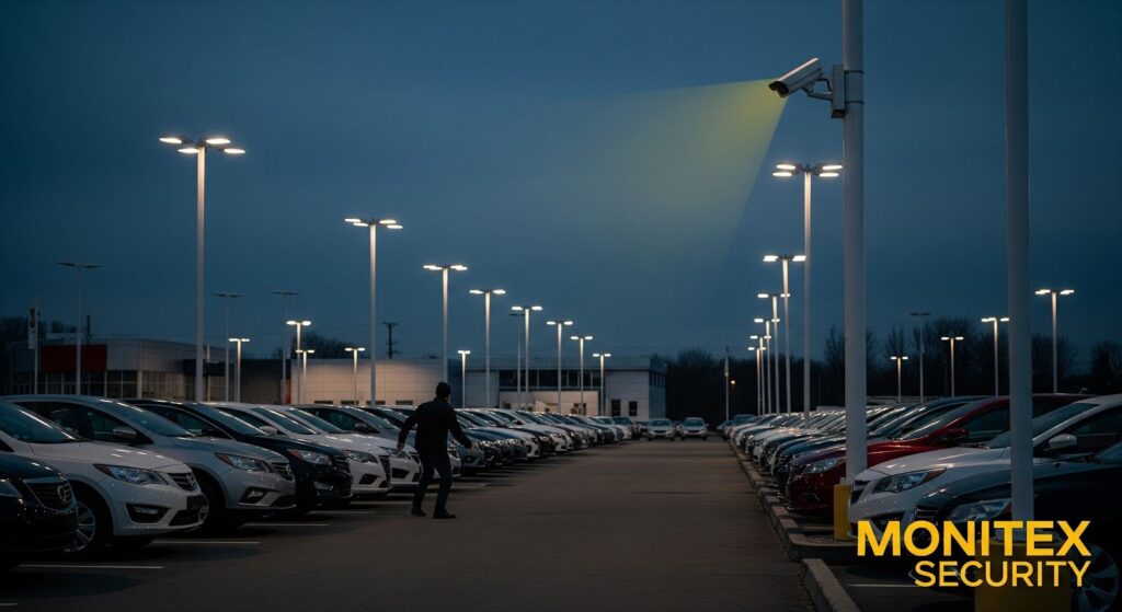 A large car dealership lot at night with rows of parked vehicles illuminated by tall light poles. A security camera mounted high on a pole shines a focused beam of yellow light onto a person walking between the cars. Buildings and trees appear in the background, and the Monitex Security logo is displayed in yellow at the bottom right.