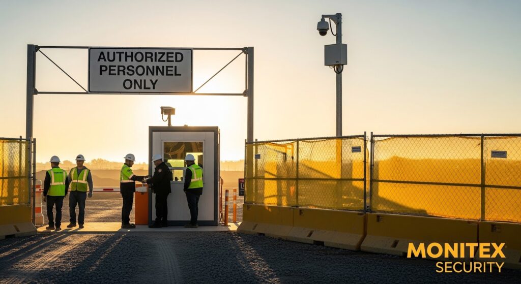 Construction workers in safety vests and hard hats stand at a gated site entrance marked “AUTHORIZED PERSONNEL ONLY.” A small security booth sits at the center where a guard checks a worker’s credentials. Tall fencing and concrete barriers line the perimeter, with multiple surveillance cameras mounted overhead. The scene is lit by warm early-morning or late-afternoon sunlight, and the Monitex Security logo appears in yellow at the bottom right.