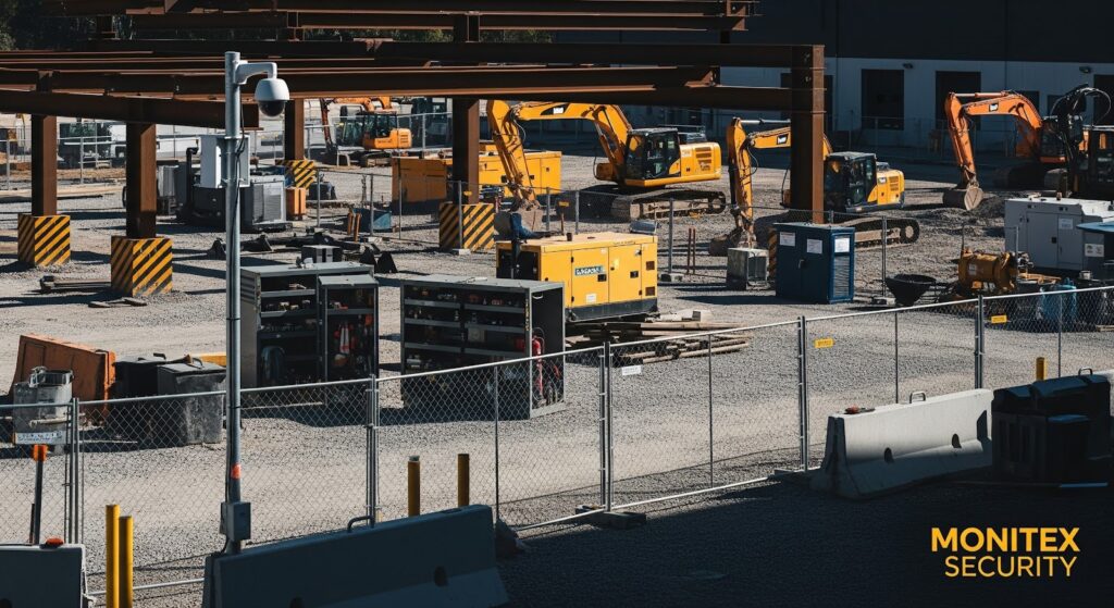 A fenced construction site filled with heavy machinery, including several yellow excavators, generators, and equipment cabinets. Steel beams form part of an unfinished structure overhead. A mounted security camera stands in the foreground monitoring the area. The ground is covered in gravel, and the Monitex Security logo appears in yellow in the bottom right corner.