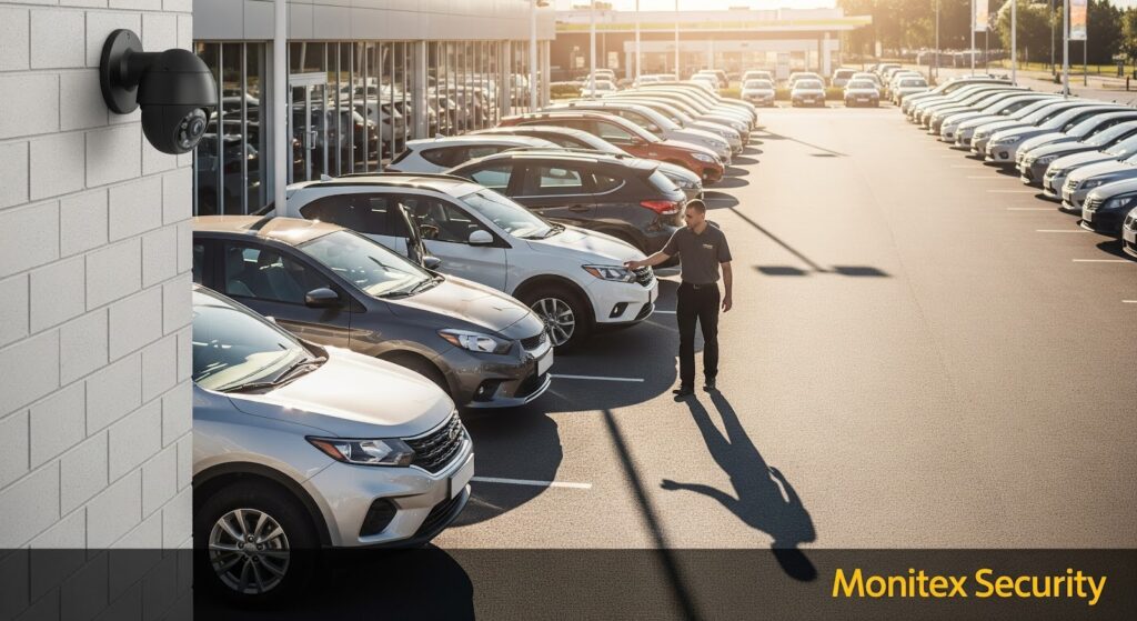 A car dealership lot filled with rows of parked vehicles in bright daylight. A wall-mounted black security camera overlooks the area from the left side. A dealership employee stands near a row of cars holding a key fob, with long shadows cast across the pavement. Large showroom windows and additional cars appear in the background. The Monitex Security logo is shown in yellow at the bottom right.