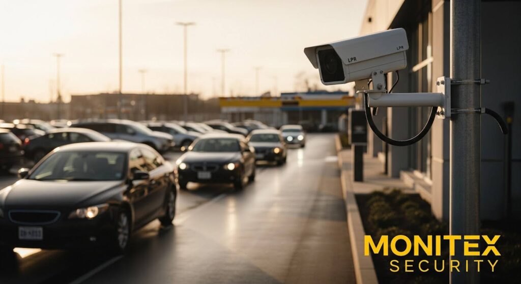 A parking lot filled with moving cars during daylight, with vehicles driving past a mounted white LPR (license plate recognition) security camera on a pole in the foreground. Rows of parked cars stretch into the distance, and a building lines the right side of the scene. Warm sunlight casts long reflections across the pavement. The Monitex Security logo appears in bold yellow at the bottom right.