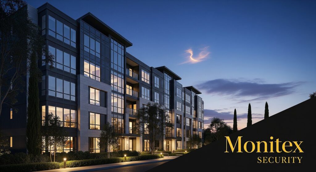 Modern multi-story apartment building at dusk with large glass windows glowing from interior lights, surrounded by neatly landscaped trees and pathway lighting; the sky shows a soft blue sunset with scattered clouds. In the lower right corner, a black geometric overlay displays the gold logo text “Monitex Security.”