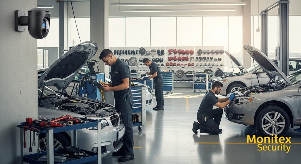 An auto repair shop with multiple mechanics working on cars, each vehicle’s hood open as they perform diagnostics and repairs. Tools and equipment carts are positioned around the workspace, and a wall displays neatly organized car parts. A security camera is mounted on a concrete pillar in the foreground, monitoring the brightly lit garage. The Monitex Security logo appears in yellow at the bottom right.