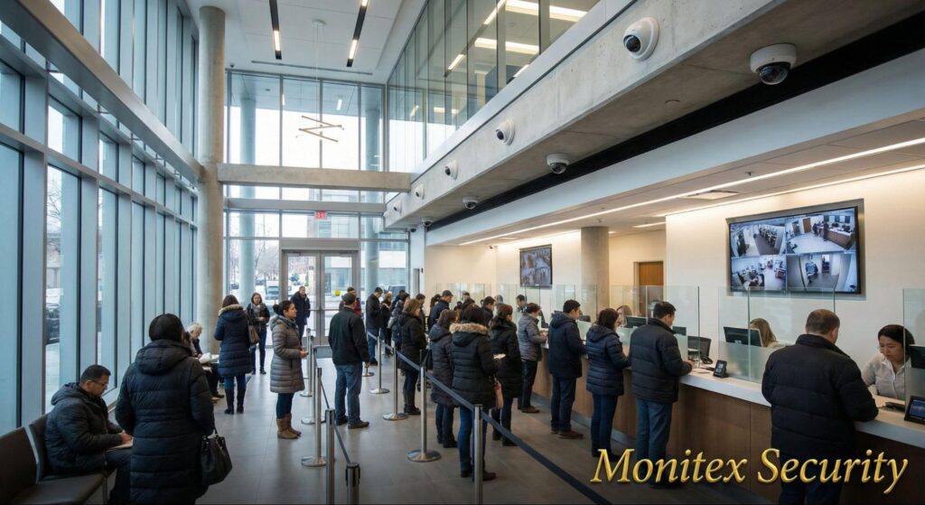 Bank lobby with customers at teller counters under visible security cameras and surveillance screens, showcasing advanced video monitoring.