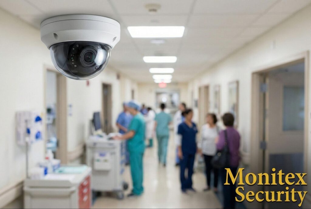 Importance of healthcare security monitoring with camera monitoring a busy hospital hallway with staff and visitors, highlighting advanced healthcare safety and surveillance.