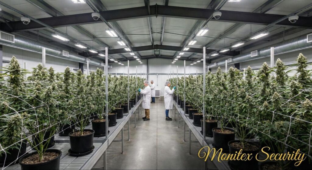 Indoor cannabis facility with rows of plants and staff inspecting crops under visible security cameras to support safety and regulatory compliance.