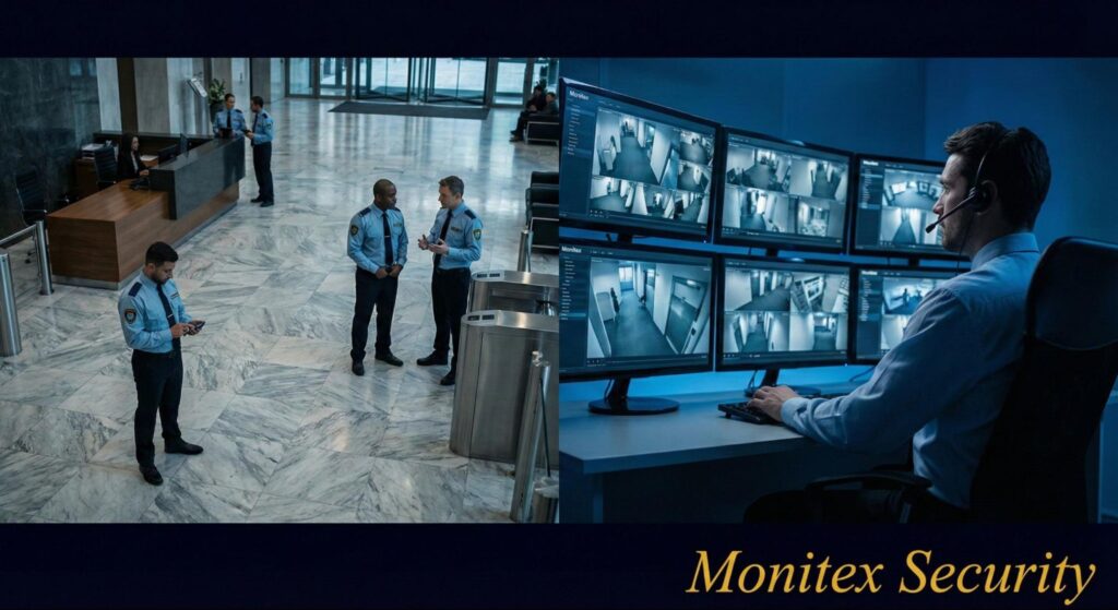 office building security monitoring using Split view comparing traditional on-site security guards with remote video monitoring operators overseeing office cameras.