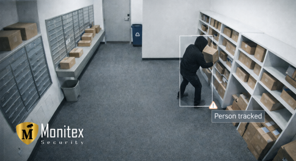 Security camera view of mailroom with intruder tracked, demonstrating multi-family video monitoring and break-in prevention best for apartment security monitoring