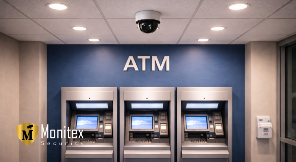 ATM vestibule with three machines and overhead dome camera for bank security monitoring and 24/7 ATM surveillance.