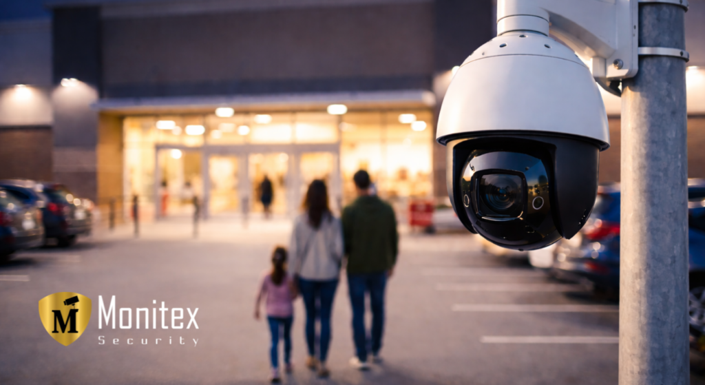 Parking lot security monitoring using camera for vehicles and family entering retail store to deter crime and improve safety