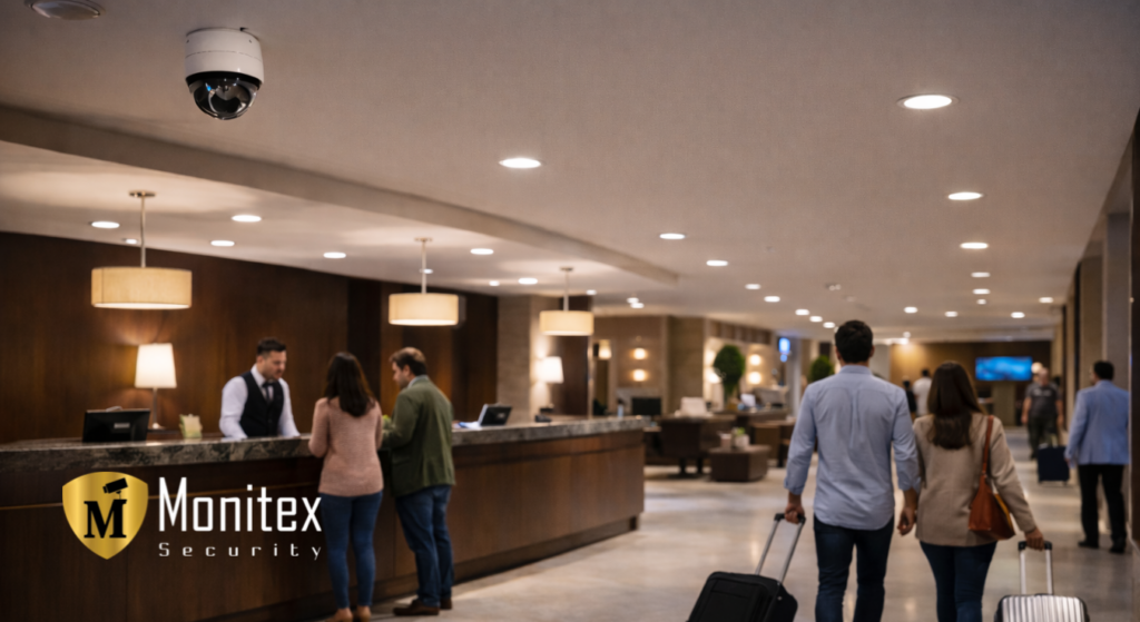 Hotel lobby with front desk, guests checking in, and ceiling camera for hotel video monitoring and 24/7 security.
