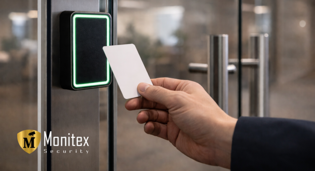 Hand using keycard on a glass door reader, illustrating after-hours office building security and access control systems