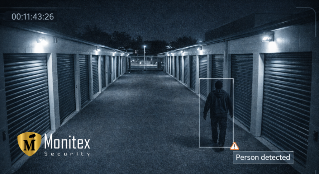 Nighttime security camera view of storage units with person detected alert during after-hours self-storage security monitoring.