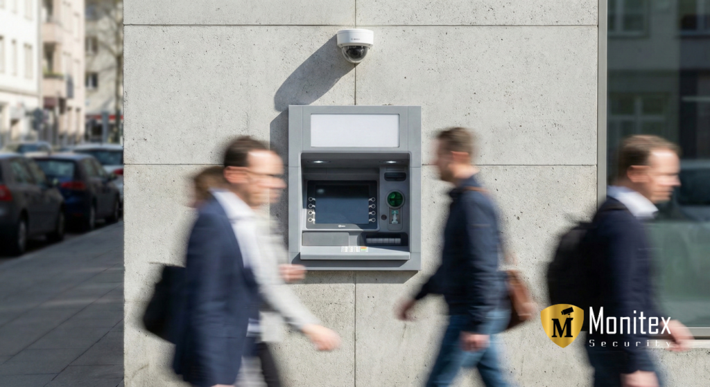 Outdoor ATM mounted on a concrete wall with a security camera above to avoid atm theft and fraud