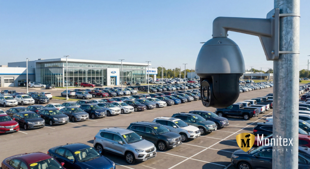 Pole-mounted security camera overlooking a large car dealership lot filled with rows of parked vehicles under clear daylight.