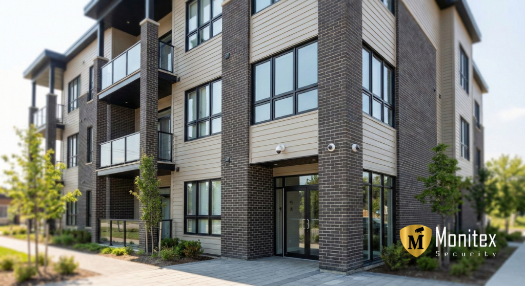 Modern apartment building exterior with balconies, large windows, landscaped entry, and visible residential building security monitoring