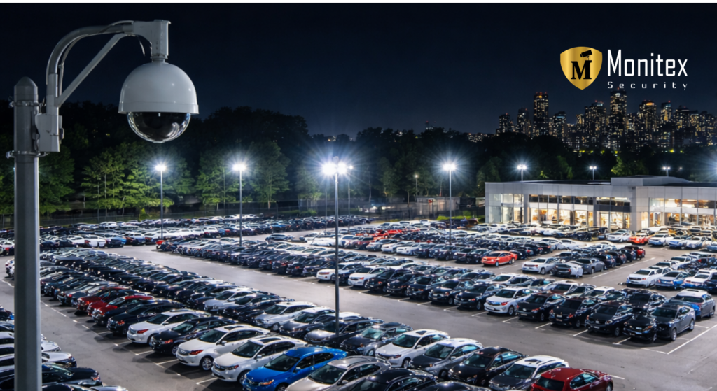 Alt Text: Large NYC vehicle lot at night with bright lighting and surveillance cameras supporting overnight security for car dealerships.