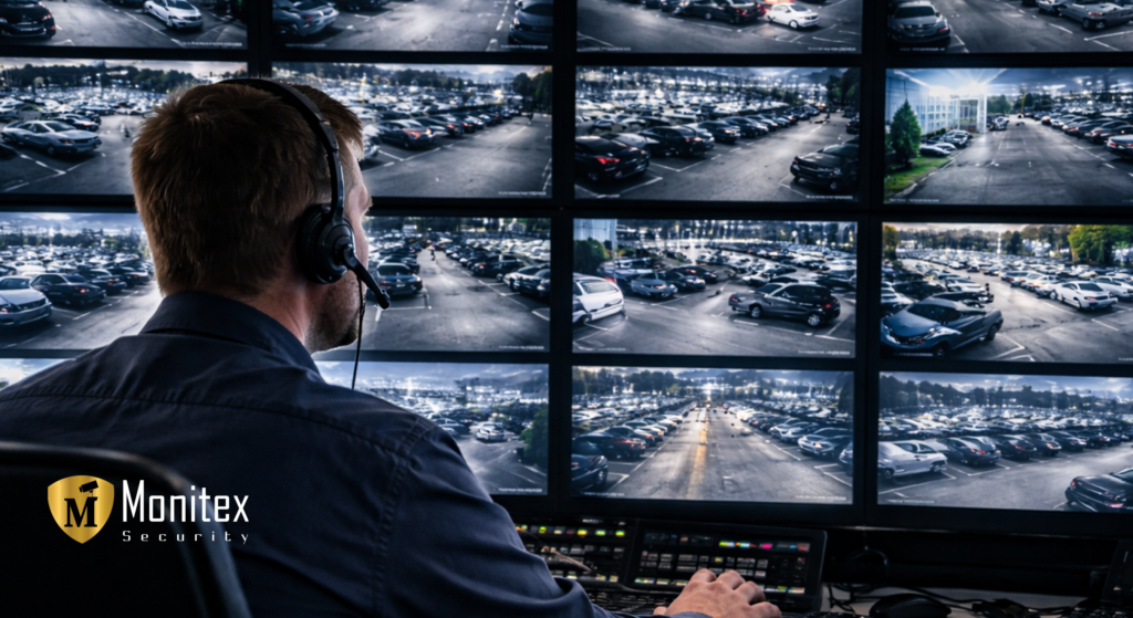 Operator monitoring camera feeds in parking lots through remote monitoring for parking lots from a security control room.