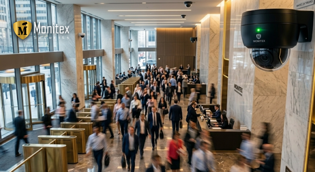 Sleek security camera overlooking a crowded Manhattan lobby for office building security monitoring in NYC