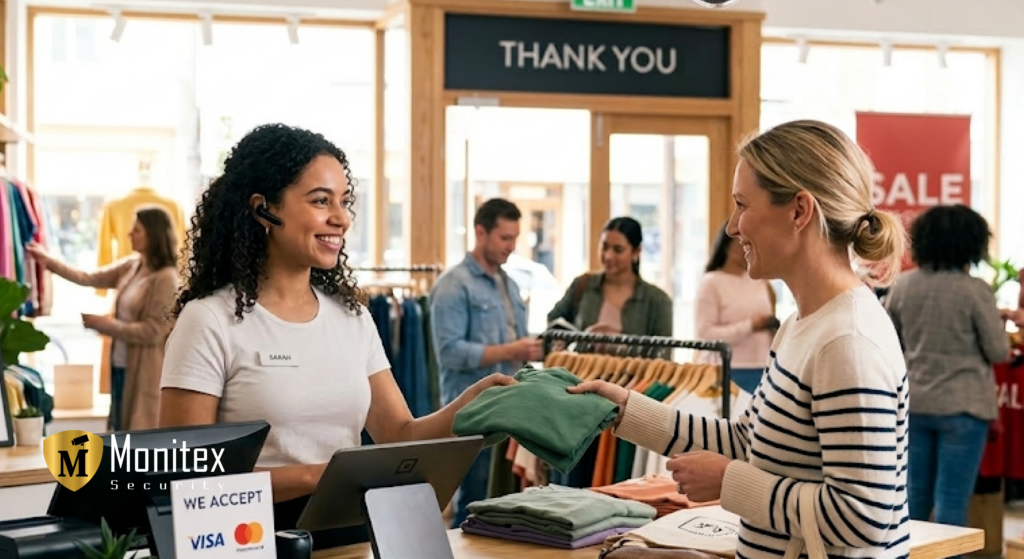 A retail associate assists a customer at a clothing store counter under active retail store security monitoring NYC.