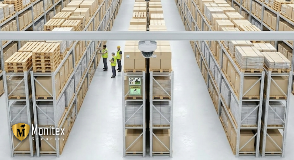Overhead dome camera for warehouse security monitoring in NYC above high-shelf storage aisles and workers.