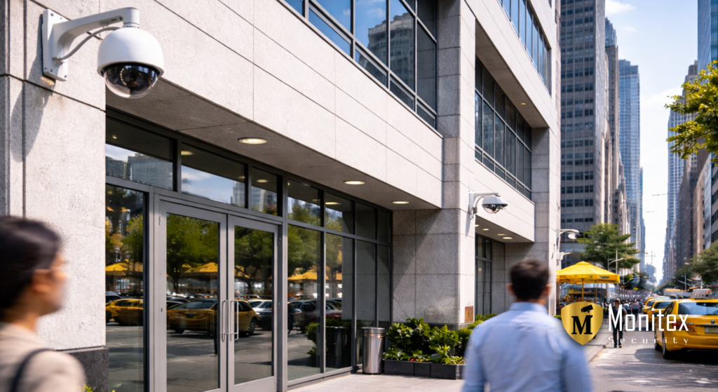 Exterior surveillance camera installed above a commercial building entrance for a remote surveillance company from New York.