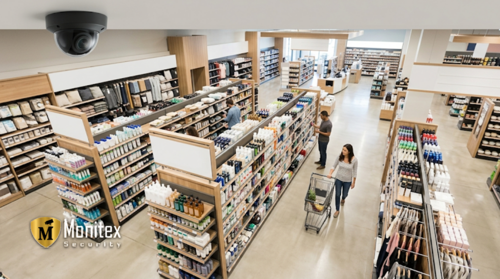 High-angle view of a retail store with a dome camera providing active retail security monitoring over product aisles.