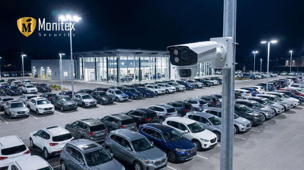 High-definition cameras overlook rows of parked vehicles at a dealership for around-the-clock inventory protection.