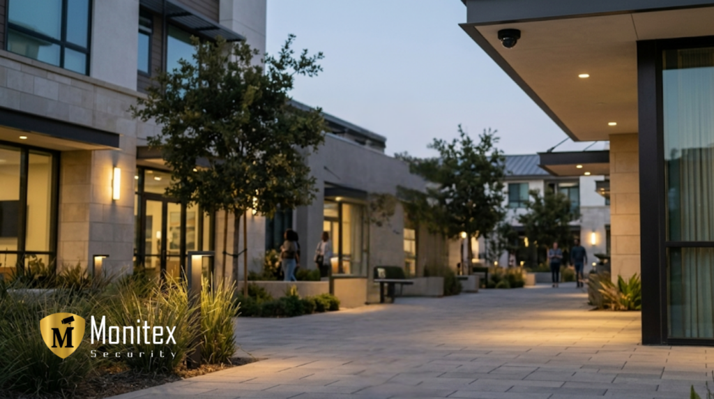A modern residential courtyard at twilight with a security camera mounted for effective apartment building security.