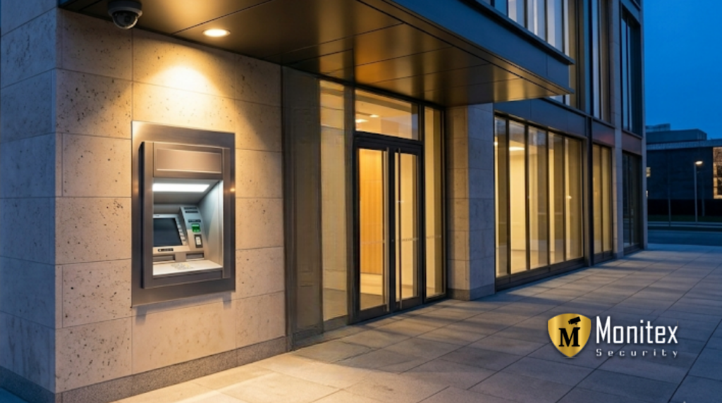 Bank security cameras monitor a brightly lit ATM and glass entrance of a modern financial office at dusk.