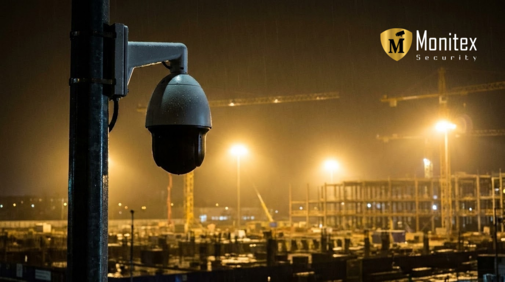 Nighttime construction site security monitoring featuring a dome camera overlooking a rainy project site.
