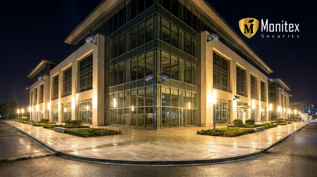 Multiple security cameras mounted on a brightly lit commercial building at night for advanced business security systems.
