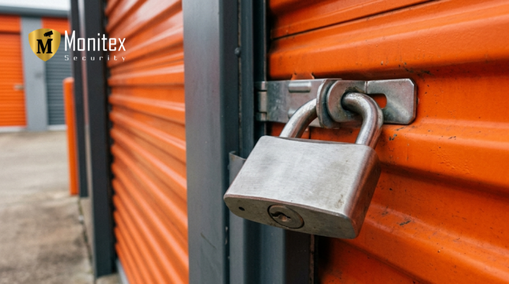 A secure padlock on an orange storage unit door, used as a traditional method to prevent theft.