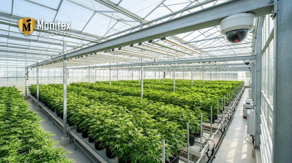 Elevated dome camera overlooks rows of plants for cannabis facility compliance auditing in a greenhouse.