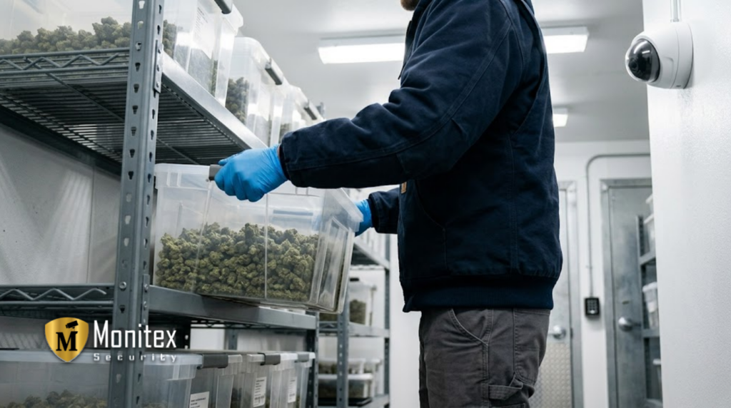 A worker handles harvested buds near a wall-mounted camera, supporting overall safety in the cannabis facility.
