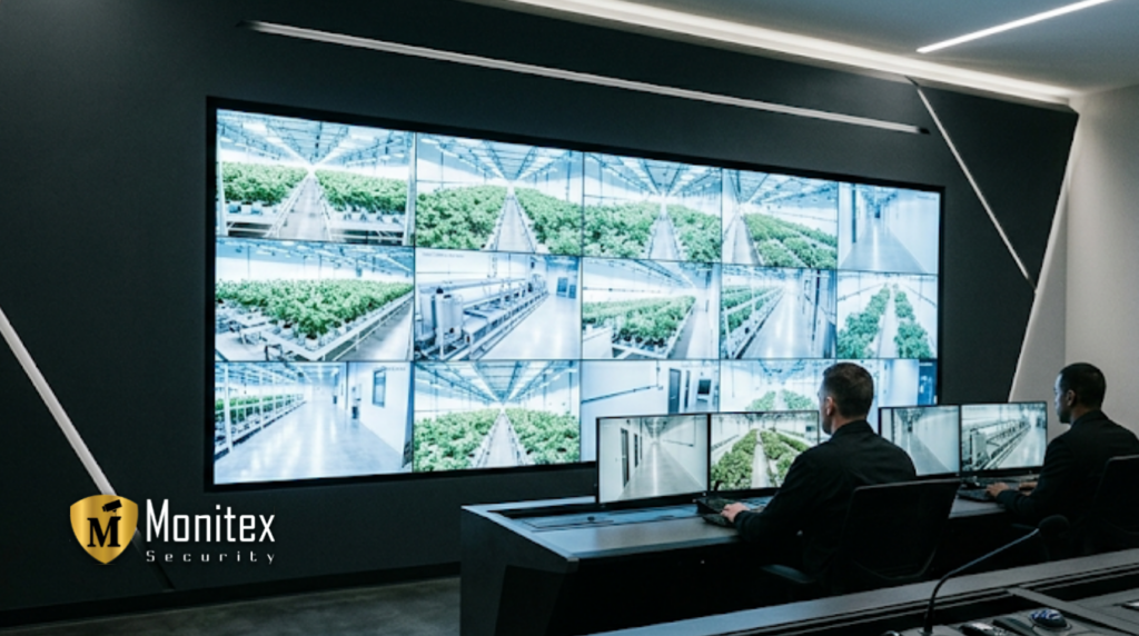 Security guards monitor live feeds from cameras watching over cannabis grow zones.