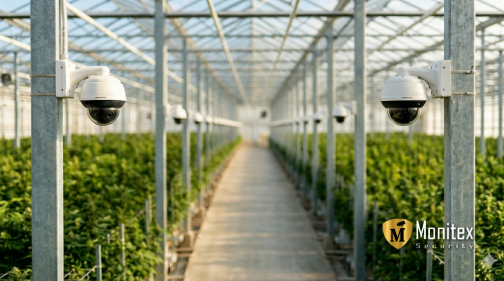 Greenhouse rows monitored by uniform cameras to standardize security across multiple cannabis facilities.