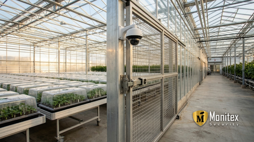 Greenhouse gate equipped with a smart camera, a key component of professional security systems for cannabis.