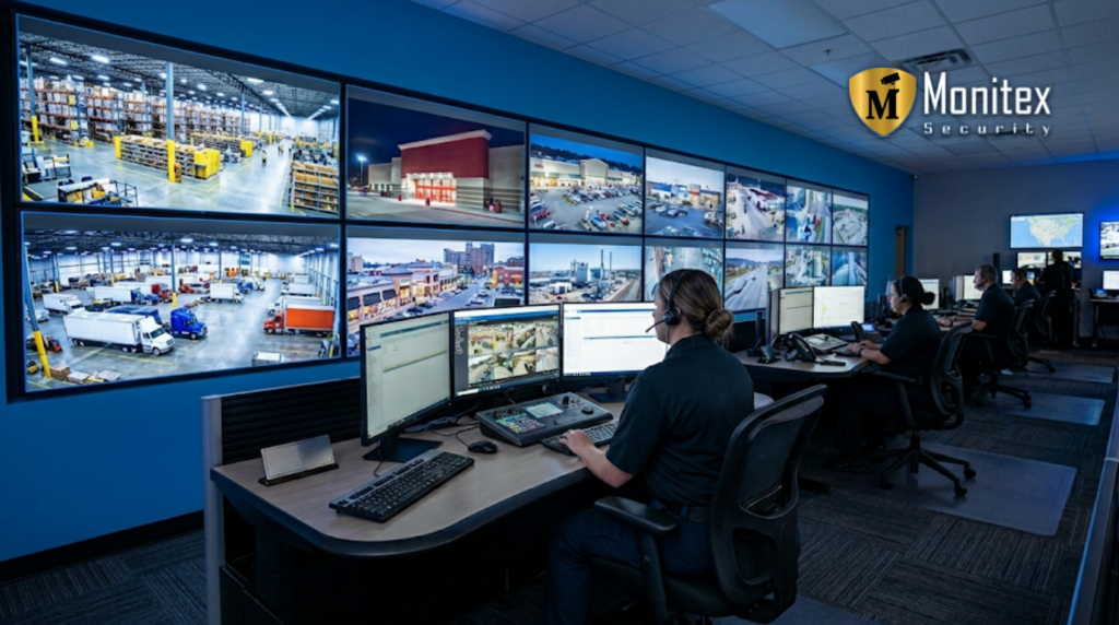 Monitex Security monitoring a remote video wall that offers tailored security solutions for various facilities.