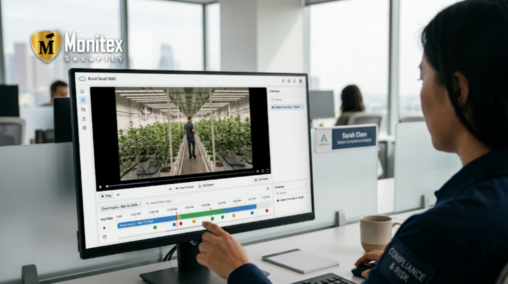 Desk monitor showing a VMS system used for cannabis evidence retrieval through live camera surveillance files.